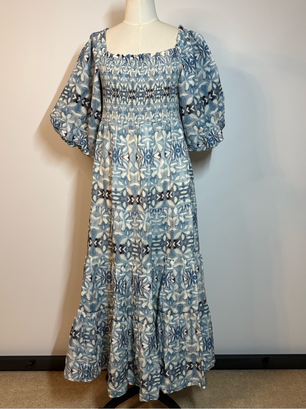 Noonday Collection Blue Santorini Patterned Smocked Maxi Dress